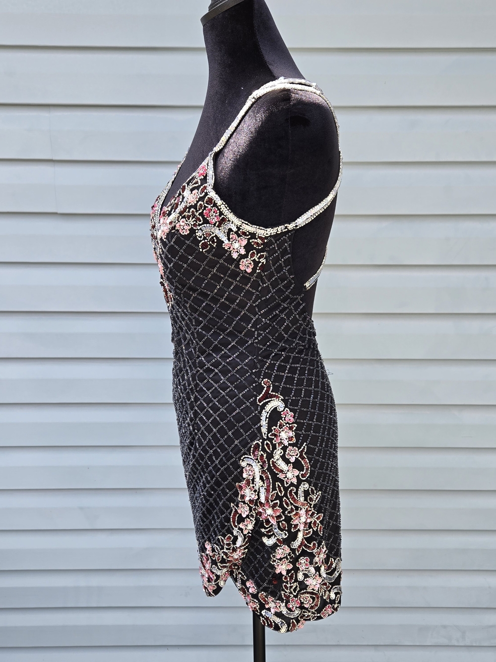 Primavera Couture Women's Size 2 Black Sequined Beaded Floral Lattice Mini Dress - Picture 7 of 10
